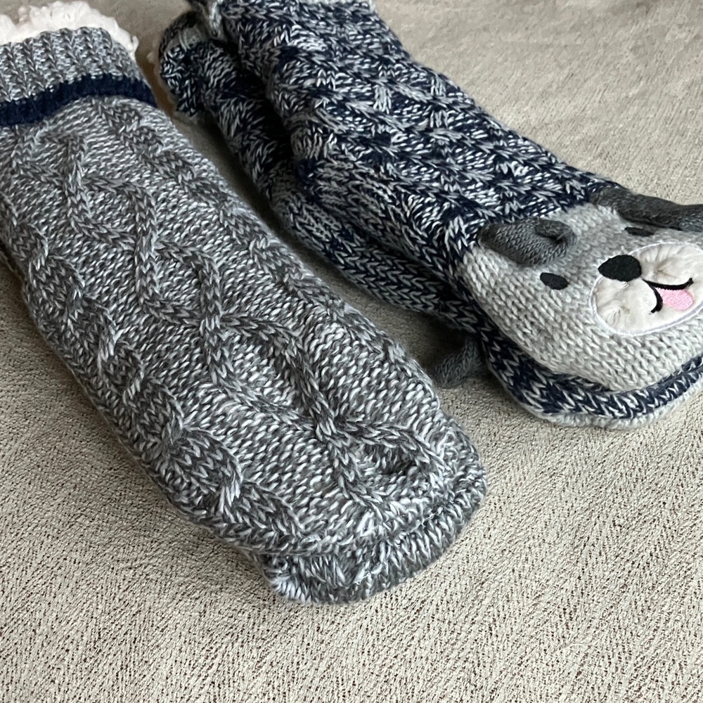 Cozy Knit Grey & Navy Animal Slipper Socks